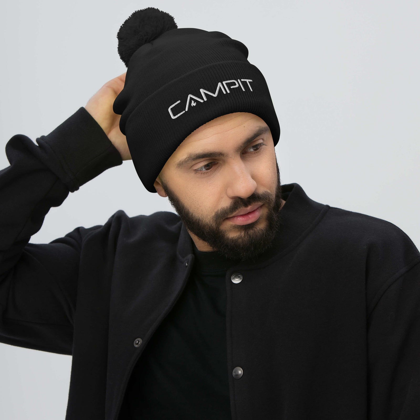 Beanie, Pom Pom with White Embroidered Logo