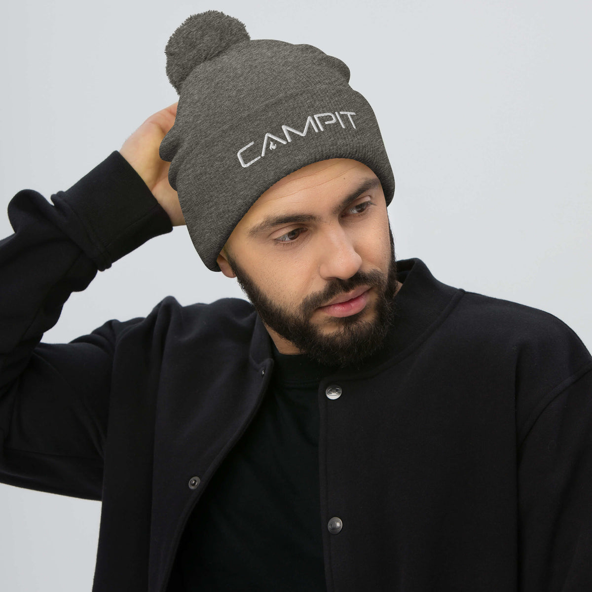 Beanie, Pom Pom with White Embroidered Logo