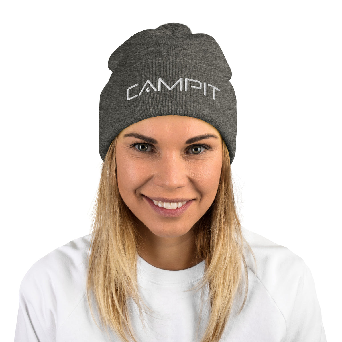Beanie, Pom Pom with White Embroidered Logo